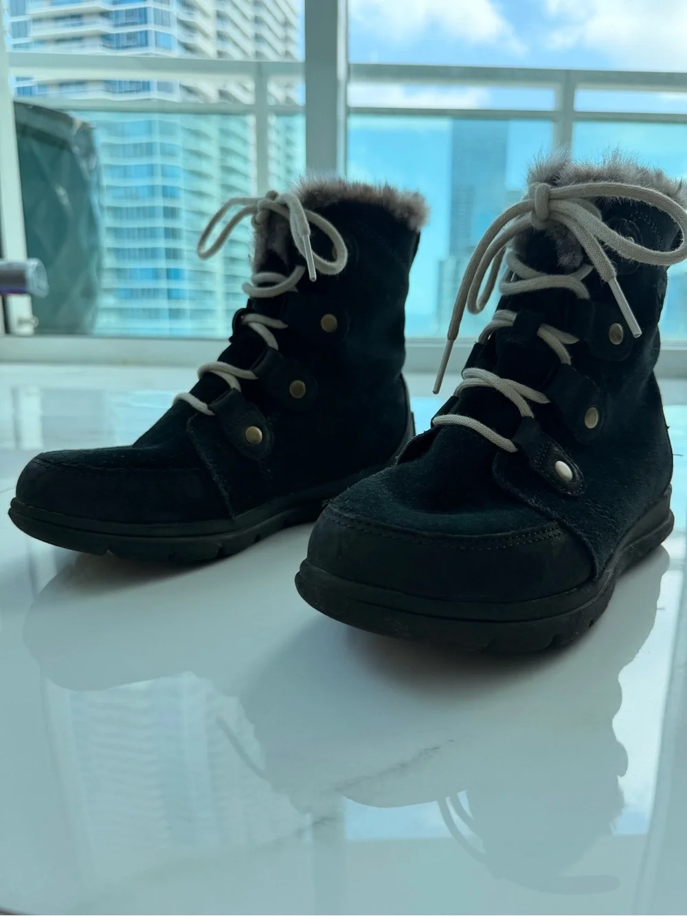 Sorel Black Suede Lace-Up Winter Boot with Faux Fur Trim